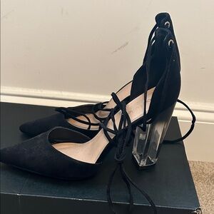 Shoe Dazzle Black Lace-Up Heels with Clear Block Heel